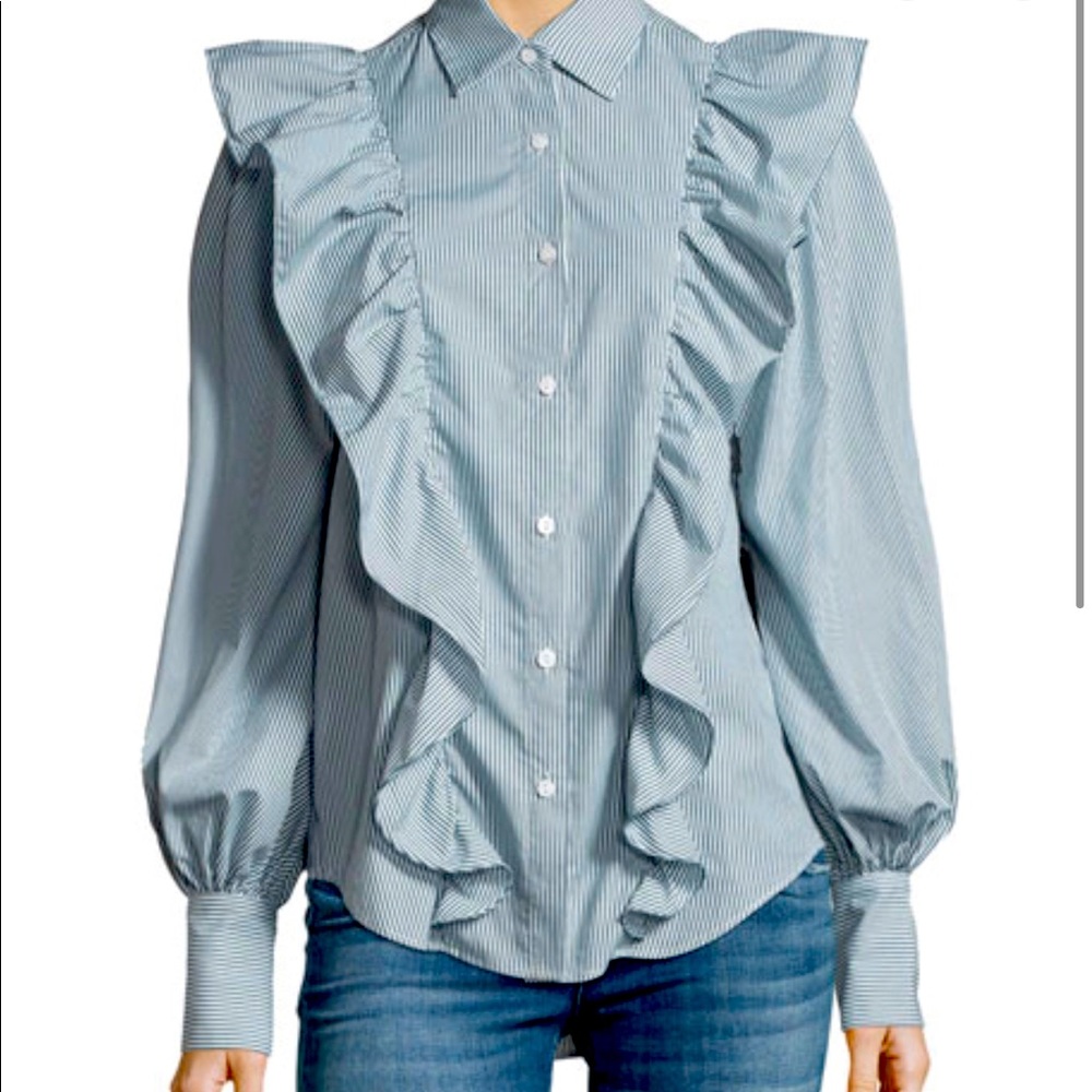 Petersyn Lowry Ruffled Blouson Striped Poplin Top